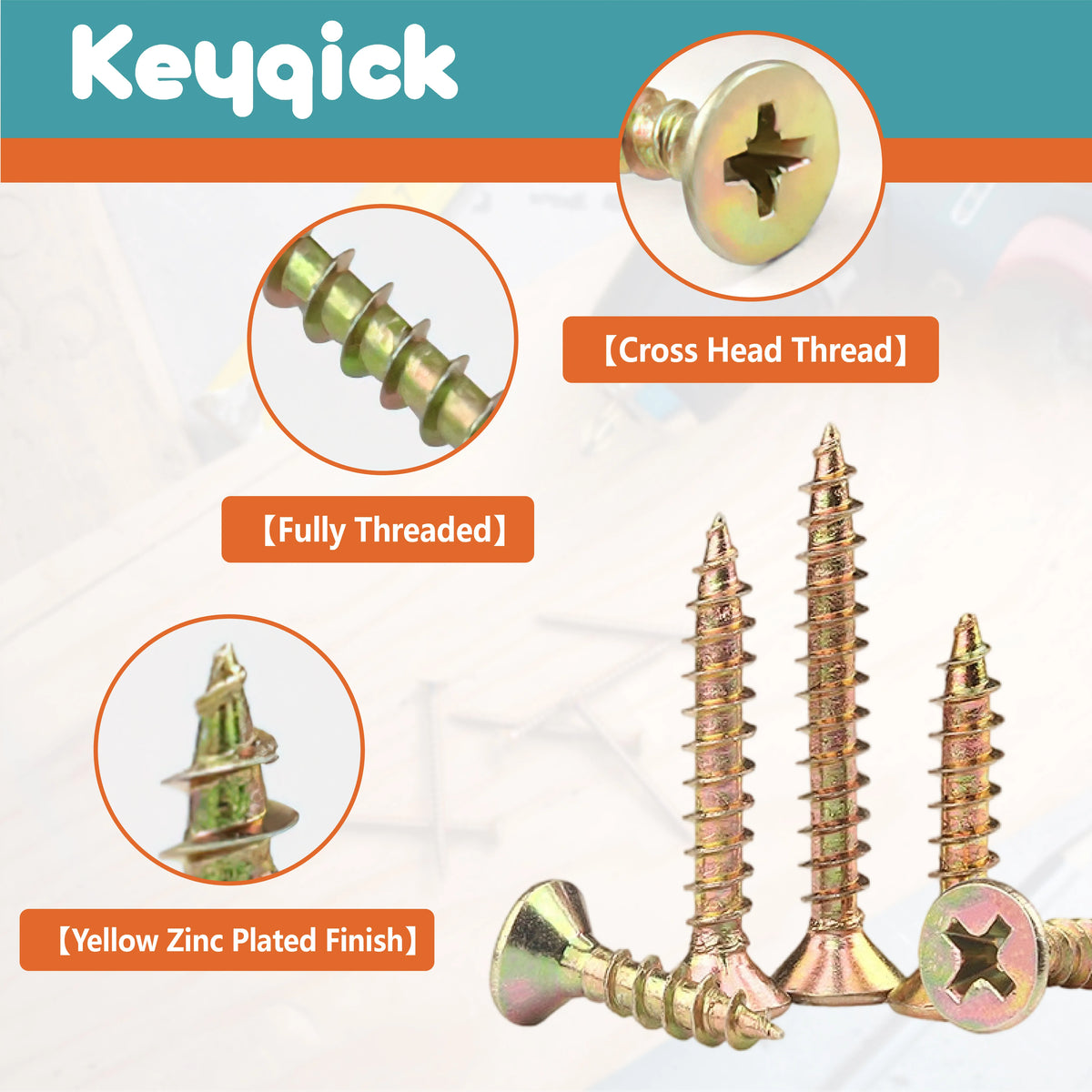 Keyqick 100PCS/200PCS Self-Tapping Wood Screws, M4/M5 Full Thread Countersunk Screws, 16-80mm Zinc-Coated Self-Tapping Tip & Cross Head Screws for Woodworking, Furniture, - No Pre-Drilling Required Suitable for Industrial & W