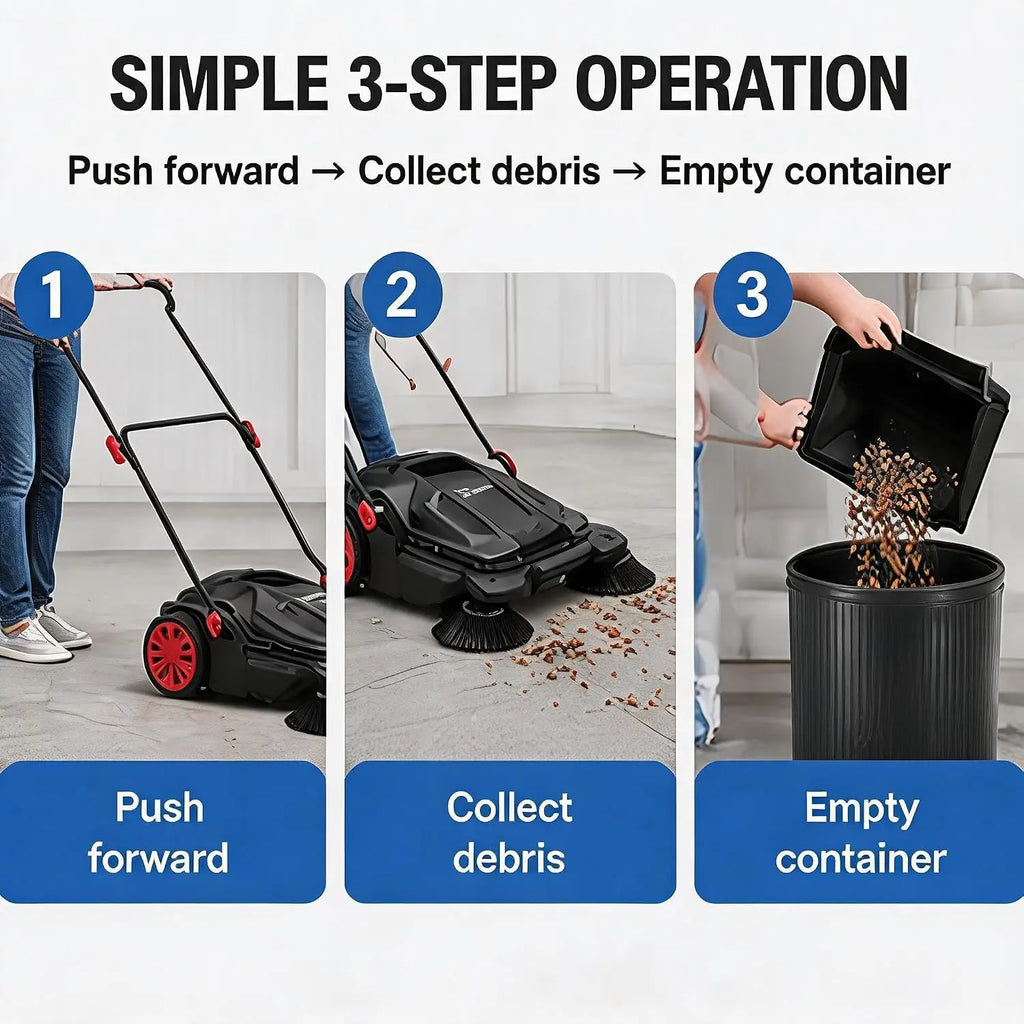 Twister.Ck 26" Hand Push Walk-Behind Sweeper, 5-Gallon Debris Container, Multi-Adjustable Folding Handle — Lifts Flattened Grass & Sweeps Debris