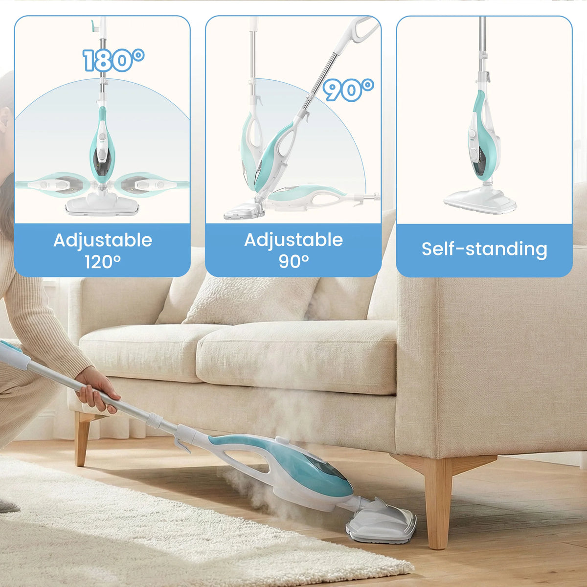 JHK 10-in-1 Multi-Purpose Steam Mop 1550W Detachable Handheld Steam Cleaner for Floor Cleaning 16FT Cord 2 Washable Pads Multi-Purpose