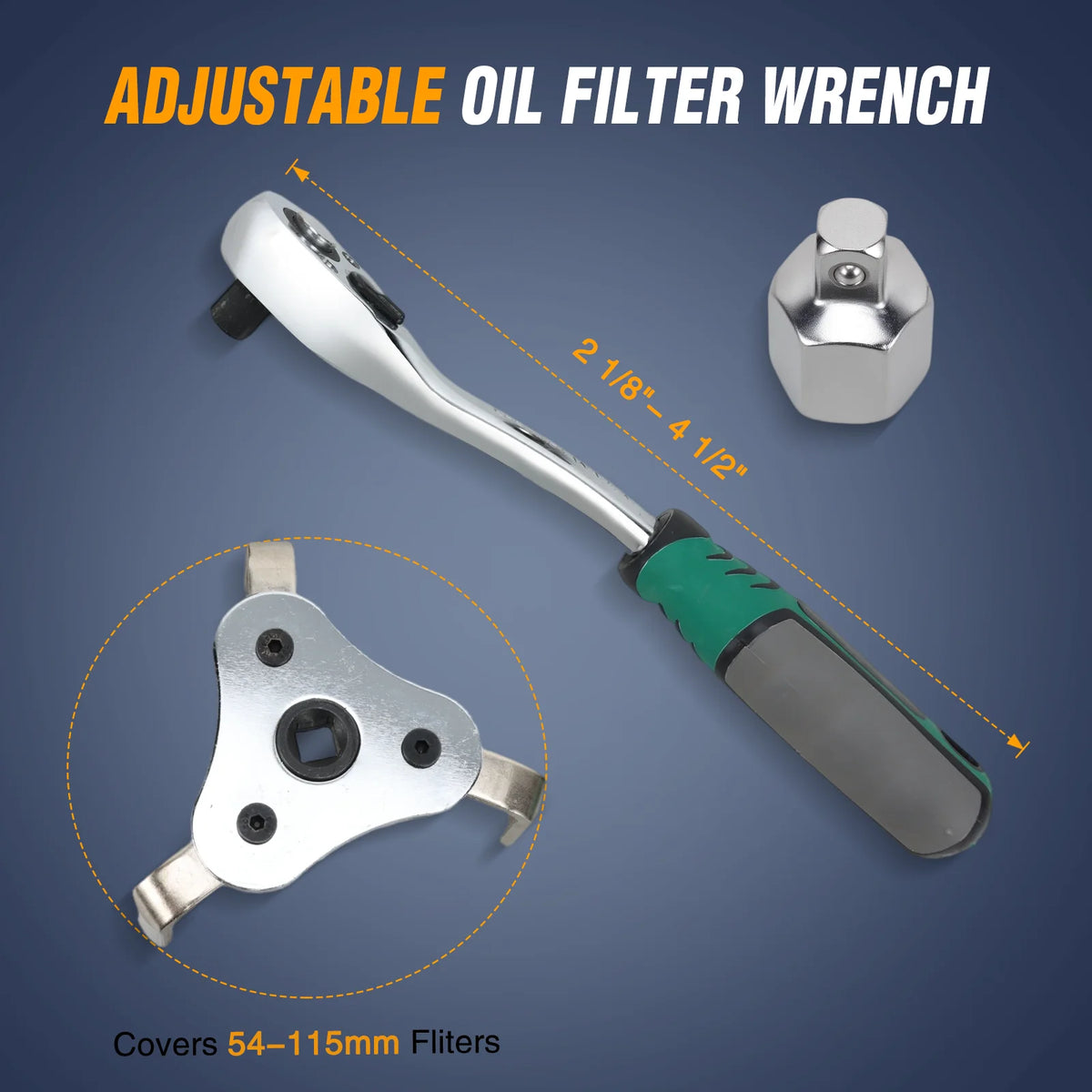 Gooacc Universal Oil Filter Wrench Set with 3/8 Inch Drive Ratchet and 3-Jaw Tool, 2-1/8 To 4-1/2 inches(54-115mm), Universal Tool for Cars Trucks and Mechanics