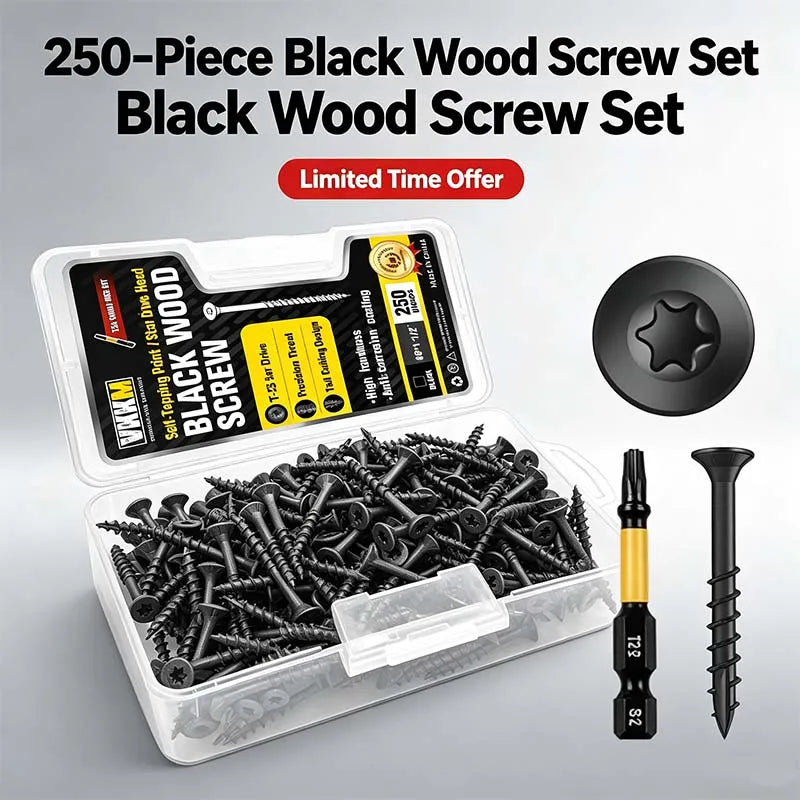 VKKM 250Pcs Black Wood Screws #8x1.5", T25 Star Drive Self Tapping with 50mm Free Bit, Heavy Duty Anti-Rust for Deck Furniture Woodworking DIY