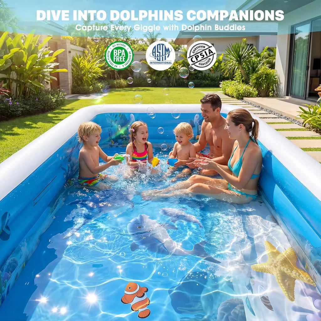 120x73x20in Inflatable Pool with Solar LED Lights, 3D Ocean Theme, for Adults & Kids