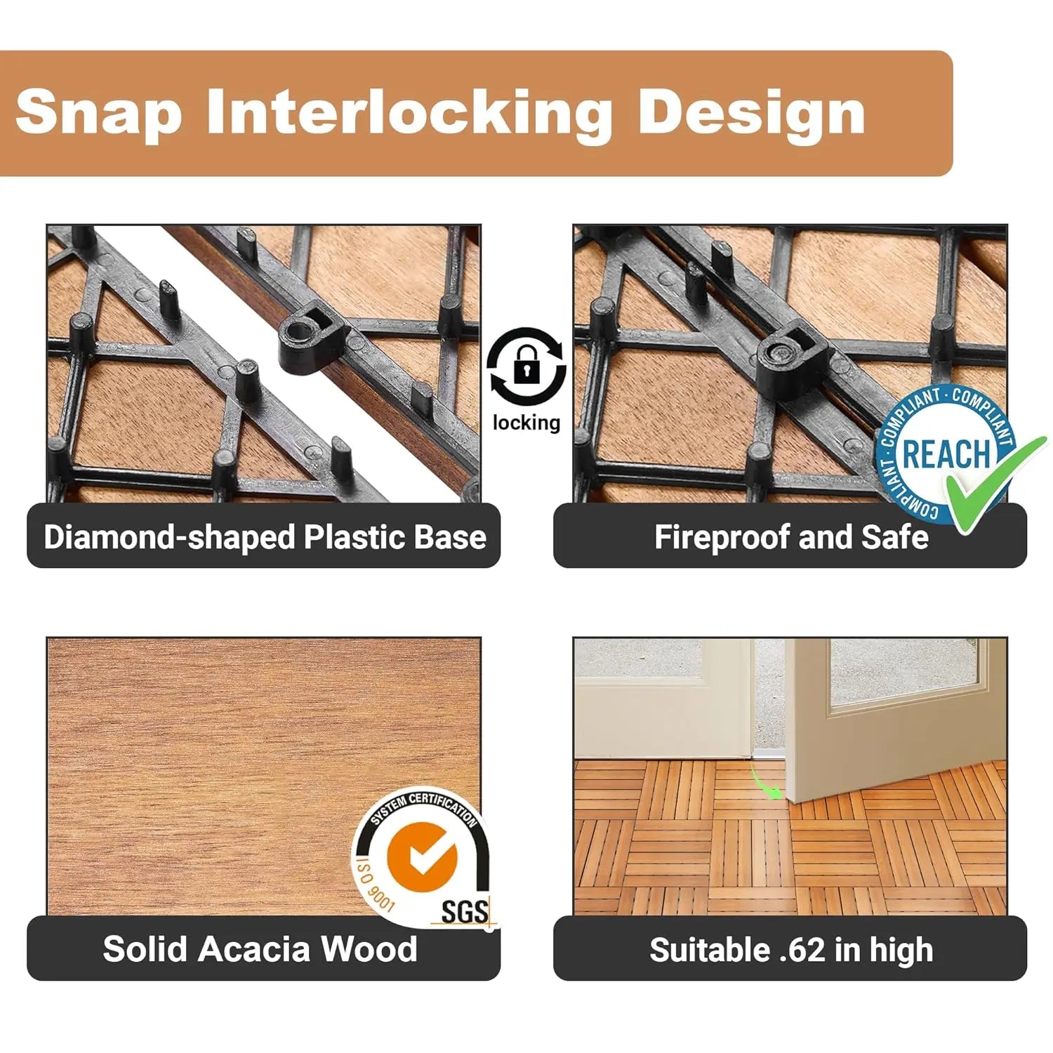 108 PCS Acacia Wood Interlocking Deck Tiles, 12x12 Inch Waterproof Tiles, Indoor Outdoor Patio Flooring