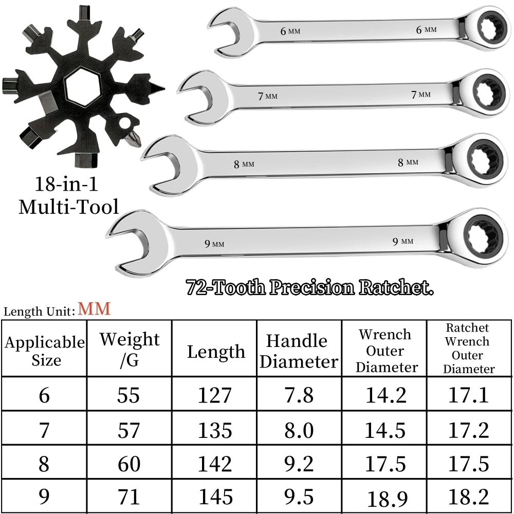 Flexible Ratcheting Combination Wrench Set, 6-17mm Metric Key Wrench Ratchet Spanner Metric Hand Tool Sets, Car Repair Tools