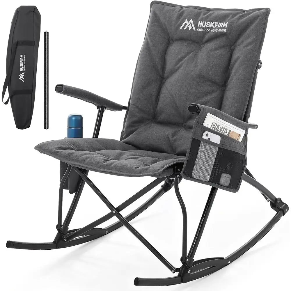 High-Back Padded Outdoor Rocking Chair for Camping, Lawn, and Patio, Portable Heavy-Duty Rocker, Supports Up to 400 lbs, Grey