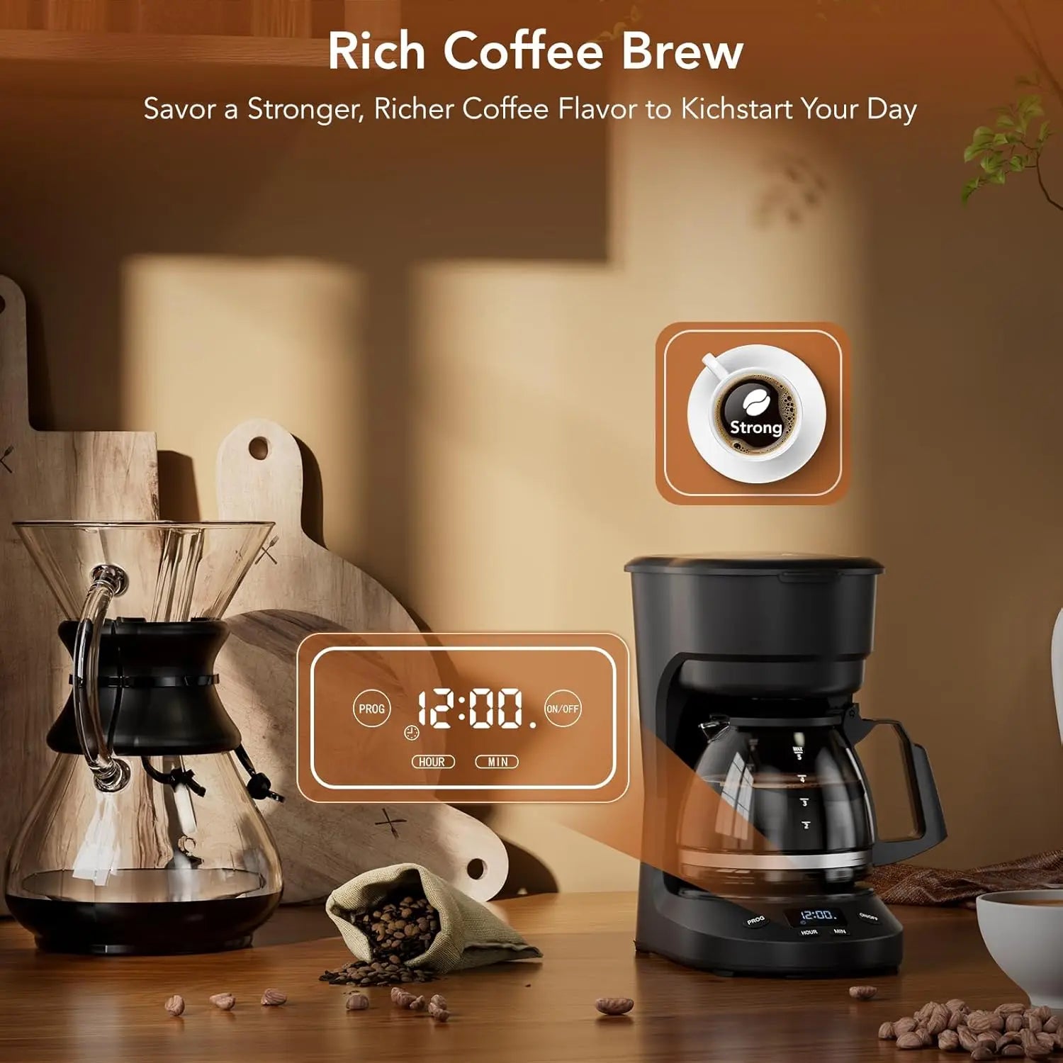 Compact Coffee Machine,5 Cup Drip Coffee Maker with Timing Function,2H Auto Power-off, 2H Keep Warm, Pause & Serve, Reusable Filter