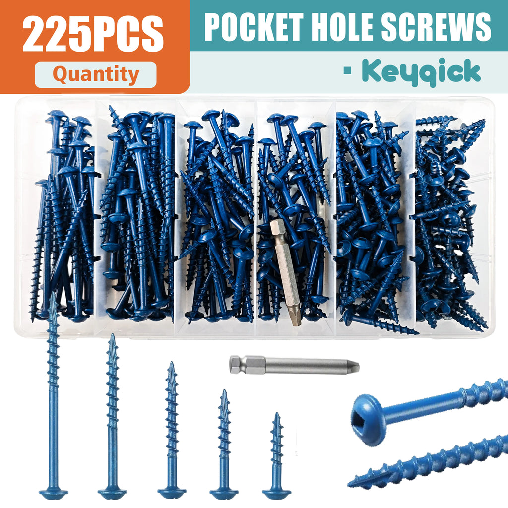 Keyqick 225pcs Square Hole Screw Combination, 5 Sizes, #8 Pocket Screw, Blue Anti Rust Coated Pocket Hole Screw, Used for External, Square Drive, Including Drive Head, Multifunctional Durable Wood Screws, Suitable for Home/In