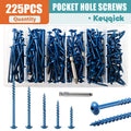 Keyqick 225pcs Square Hole Screw Combination, 5 Sizes, #8 Pocket Screw, Blue Anti Rust Coated Pocket Hole Screw, Used for External, Square Drive, Including Drive Head, Multifunctional Durable Wood Screws, Suitable for Home/In