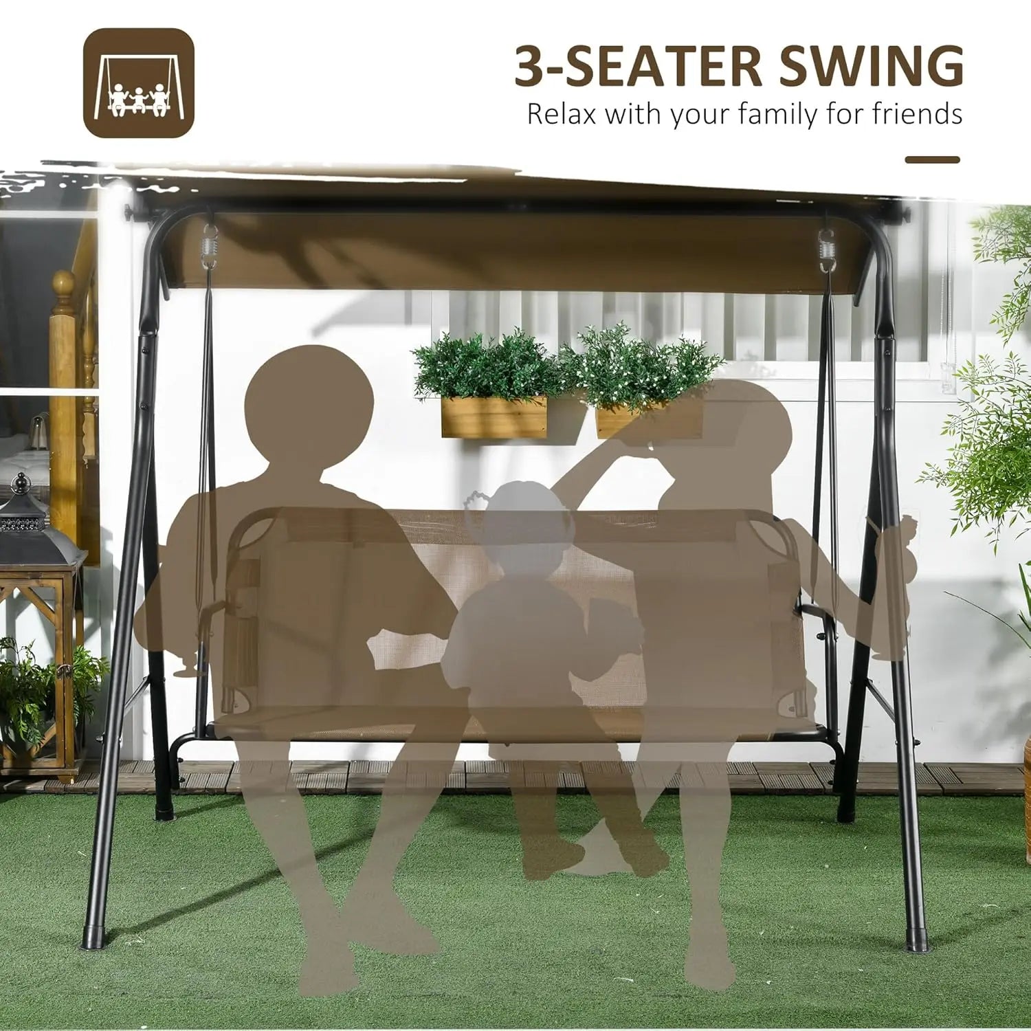 3-Person Porch Swing with Stand, Outdoor Swing for Patio Porch with Adjustable Tilt Canopy and Comfortable,
