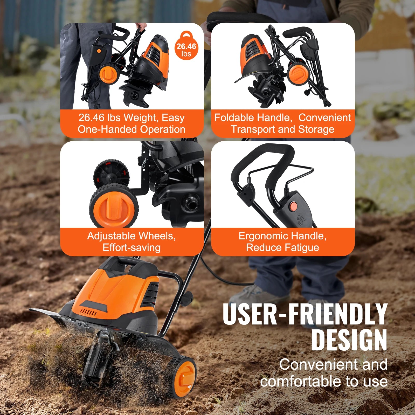 12 Amp Tiller, 18" Tilling Width, 3.94" Tilling Depth, Corded Electric, Steel Tines