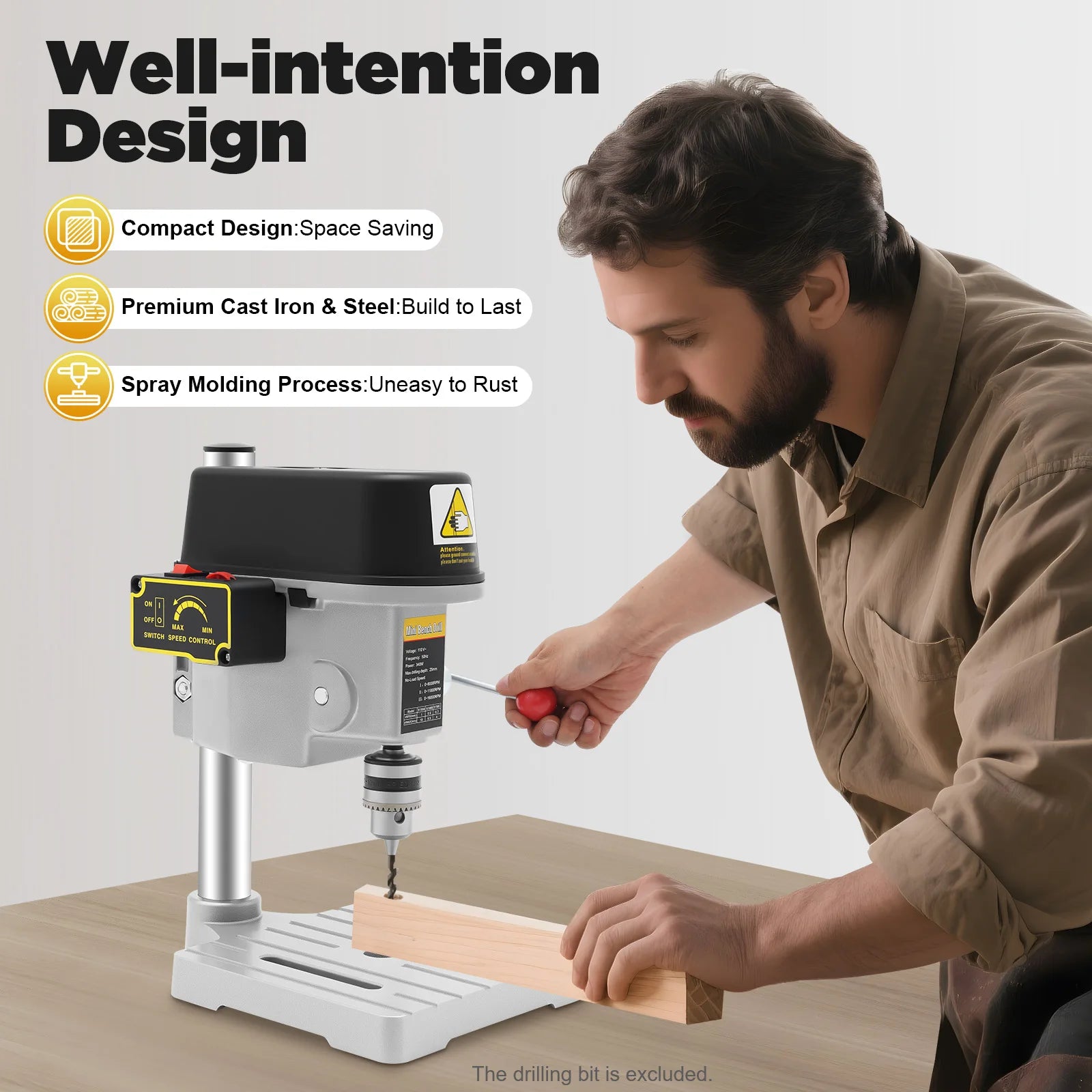 5158A 340W Mini Benchtop Drill Press 3-Speed Bench Wood Metal Hole Drilling Machine for DIY Crafts, Furniture,110V