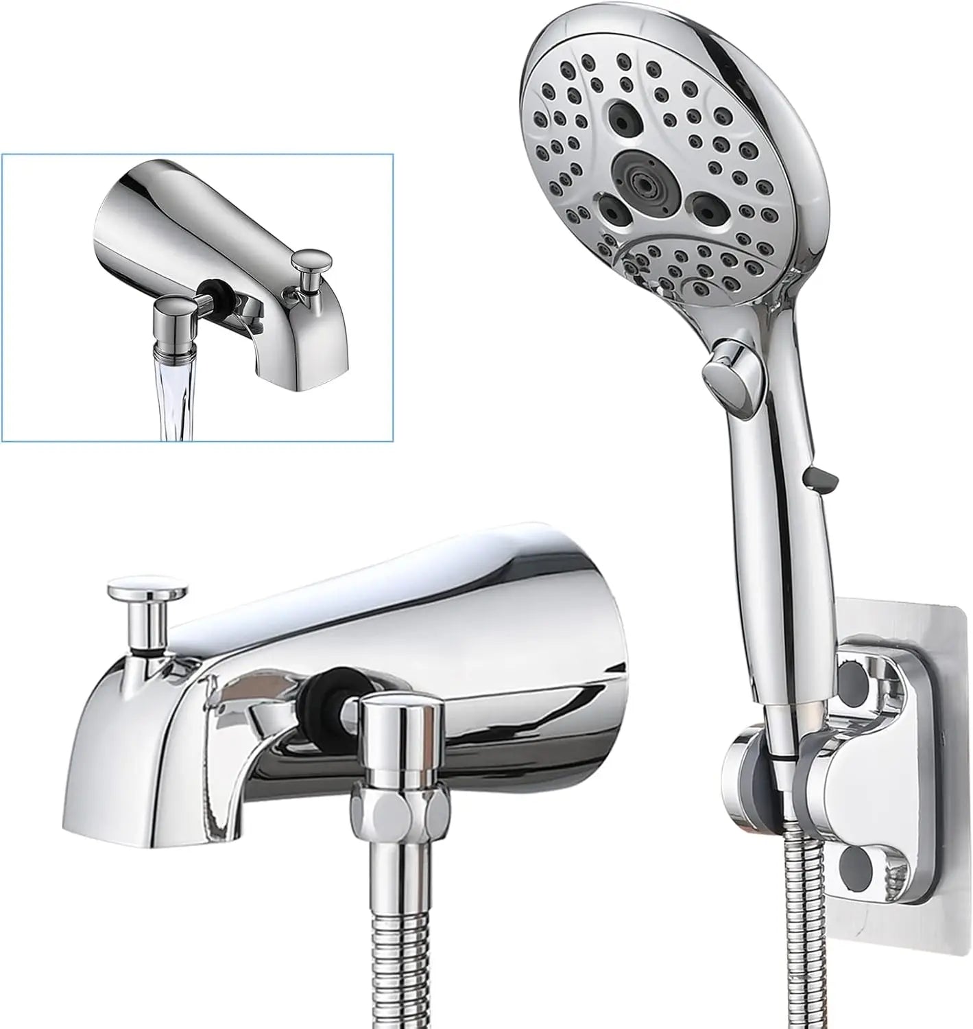 Chrome Tub Spout with Diverter, 6-Setting Handheld Shower with Pause