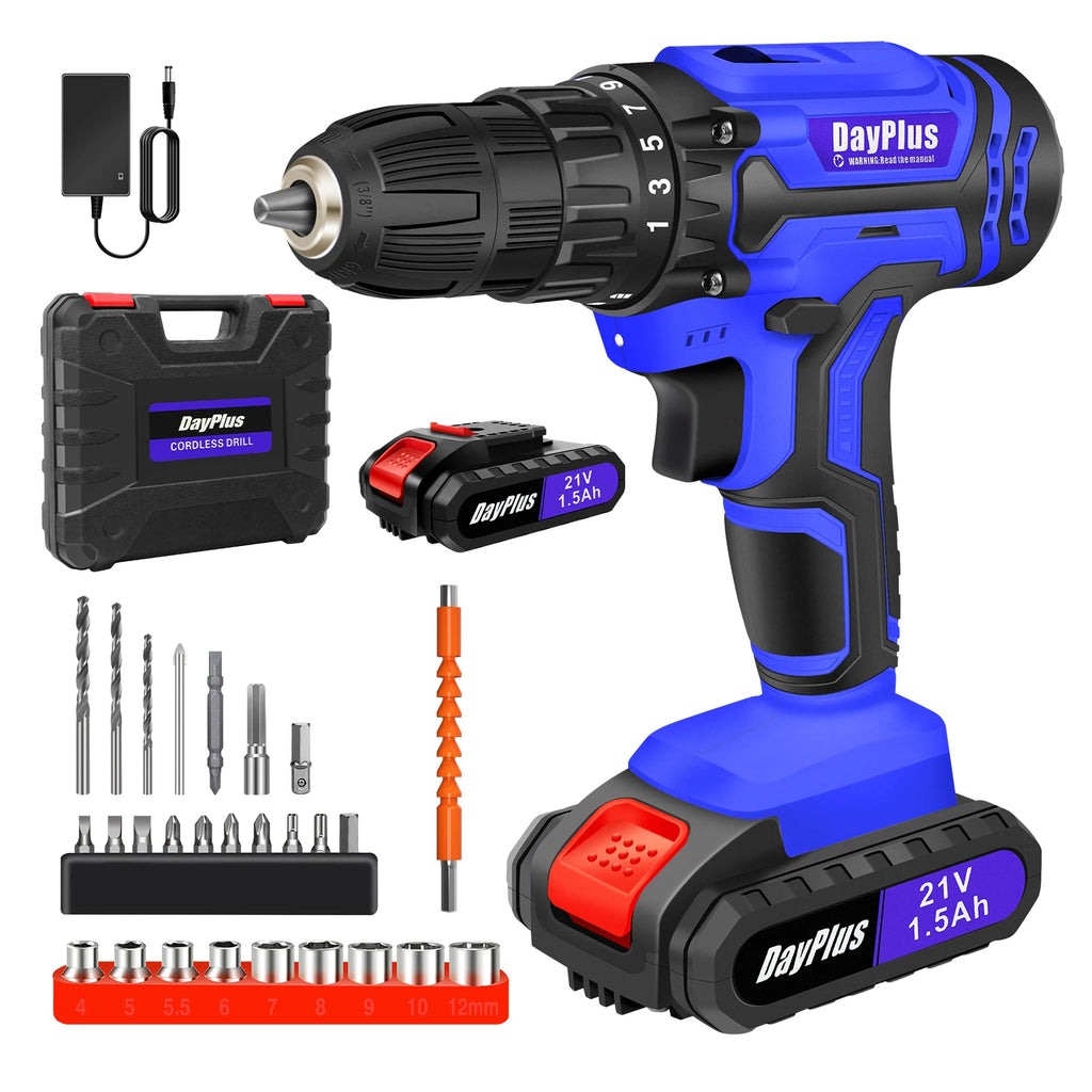 21V Cordless Power Drill, Bits Included, 25+1 Torque Setting, 1.5mAh Li-ion Battery & Fast Charger, 2-Gear Drill