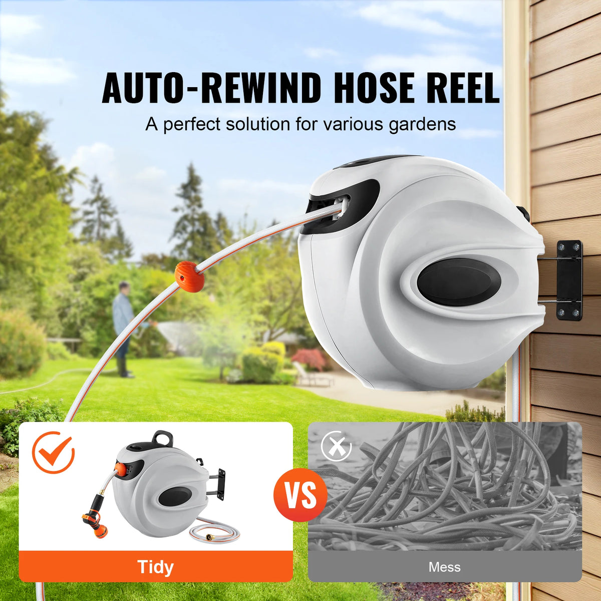 SucceBuy Retractable Hose Reel 180° Swivel Bracket Wall-Mounted Garden Water Hose Reel with 9-Pattern Nozzle Automatic Rewind