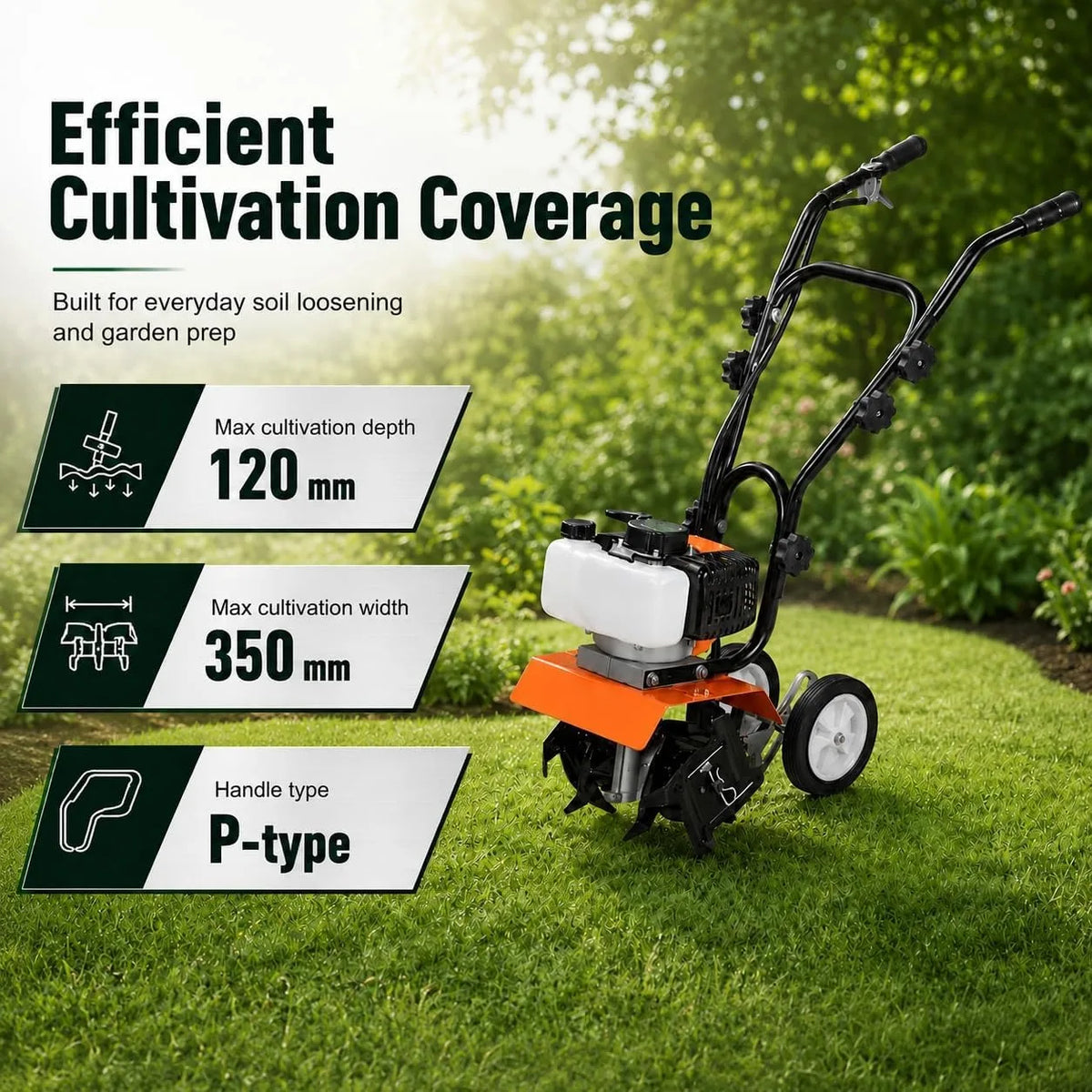 52CC Gas Powered Tiller Cultivator 2 Stroke Engine Garden Rototiller with Adjustable Steel Tines 11.8 Inch Working Width Soil Cultivator for Vegetable Garden Flower Bed Yard Field Farming