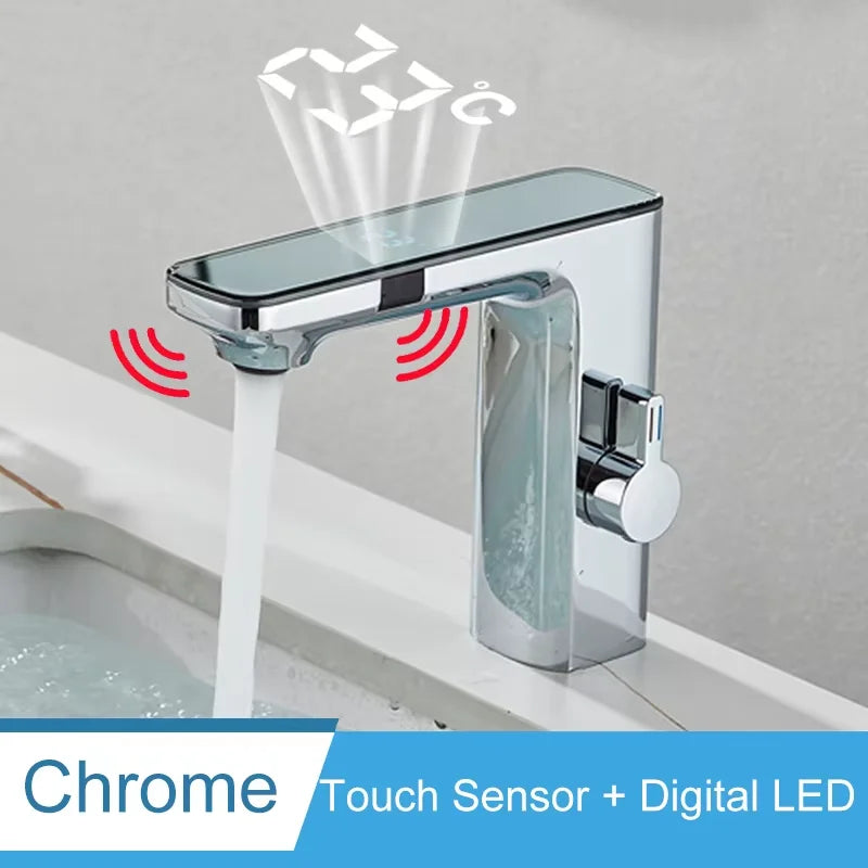 Bathroom Sink Faucet, Sensor On/Off, Digital LED Water Temperature Display, White Or Chrome Available