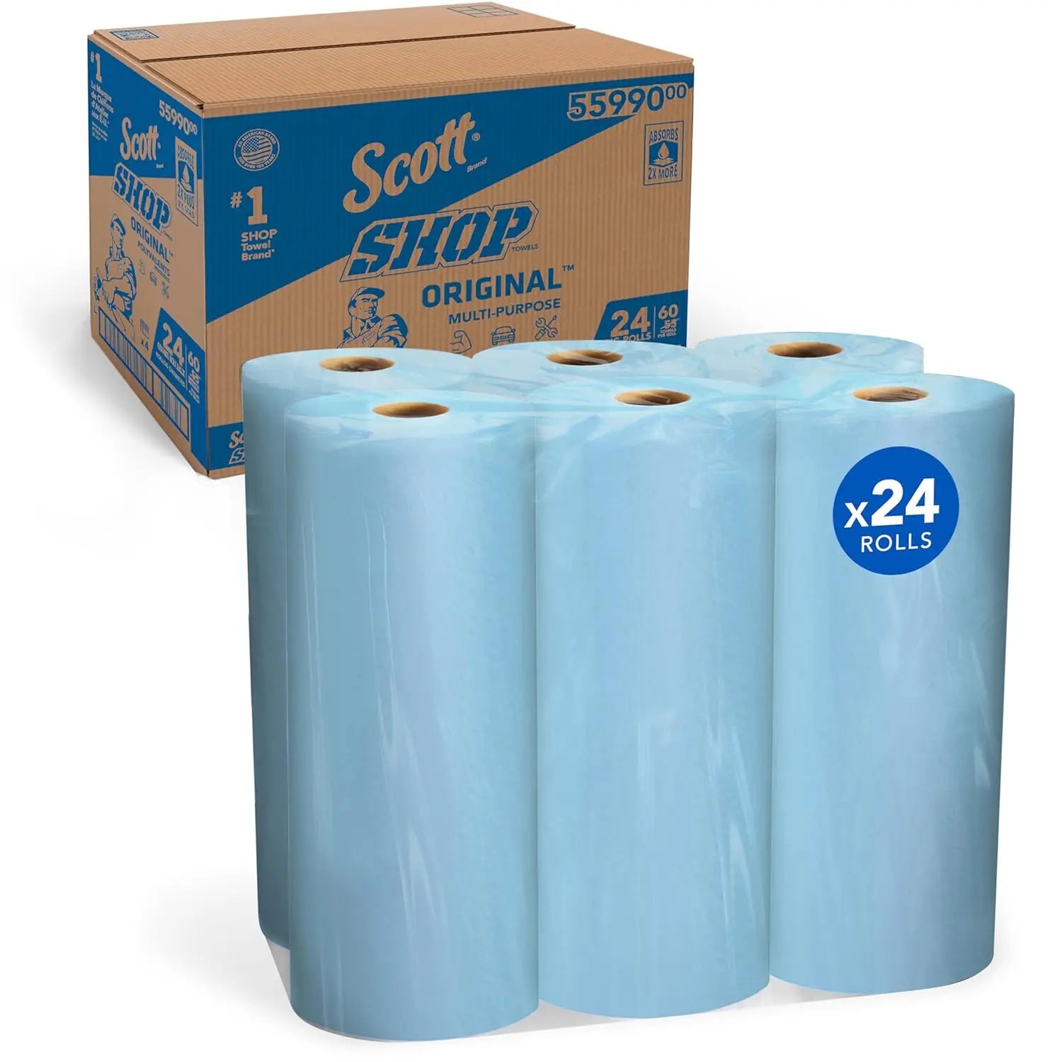 Large Blue Shop Towels, 9.4x11 Inch Cloth-like Paper, 24 Rolls Total with 1440 Sheets for Heavy-Duty Cleaning