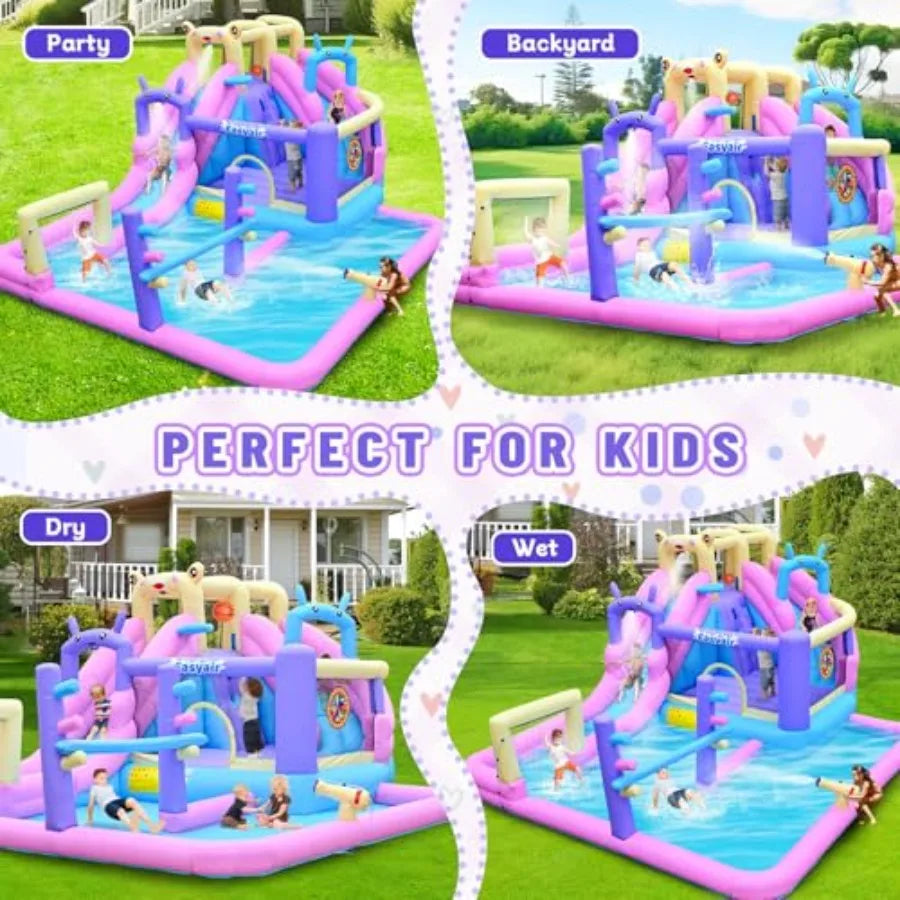 Yao Hui Huang Backyard inflatable bounce house water slide combo: PVC blue/pink/purple/yellow includes climbing wall, basketball hoop, splash pool, water cannon and blower