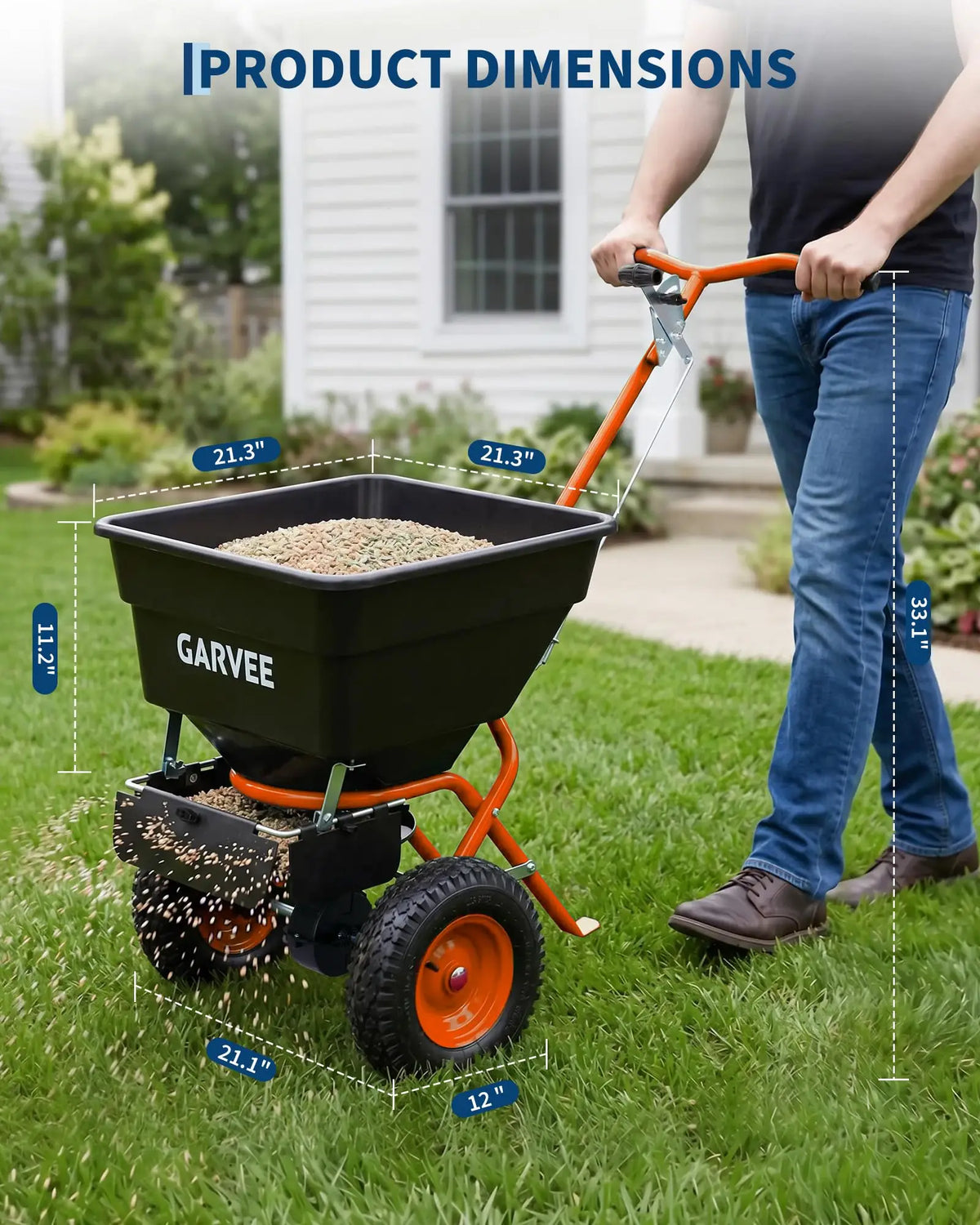 HiMiss Push Lawn Spreader 100lb Broadcast Spreader With Rain Cover Gloves 12ft Spread Width Adjustable Seed Fertilizer Salt Spreader