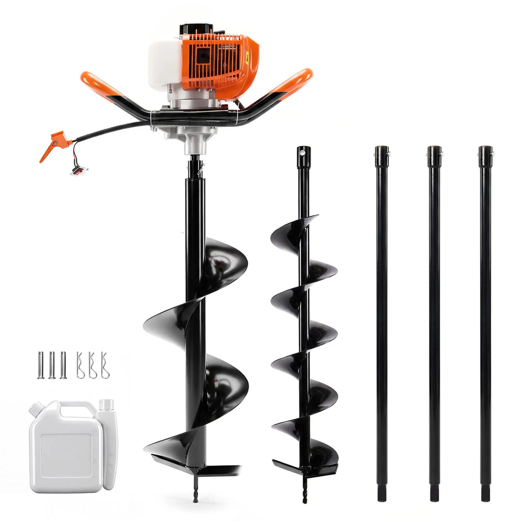 52cc Gas Powered Earth Auger Post Hole Digger With 2 Bits 6" 10" And 3 Extension Rods Heavy Duty Fence Tree Planting Tool