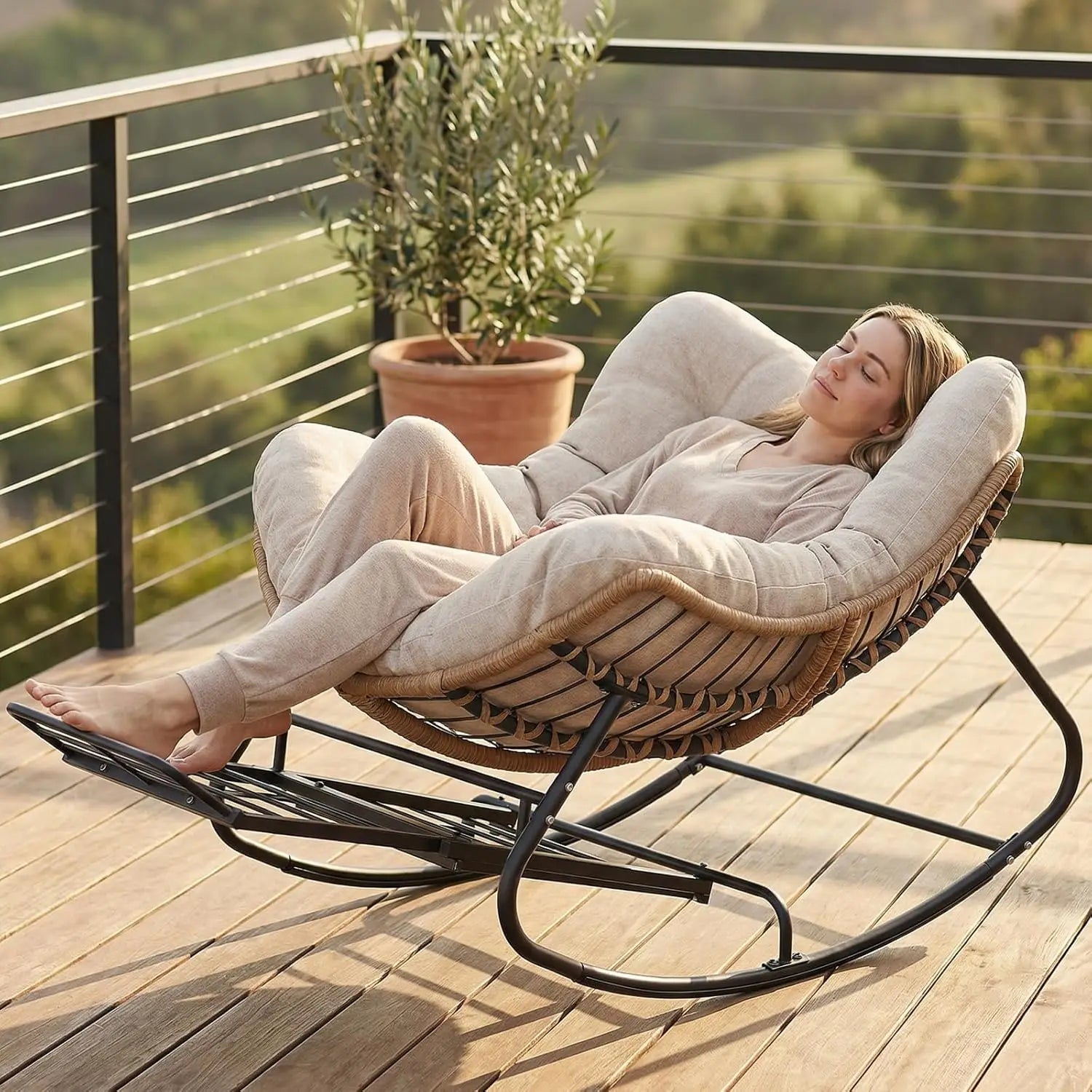 Oversized Rattan Rocking Chair with Footrest Cushioned Lounge for Patio Garden Bedroom Balcony 550Lbs Capacity, Customized