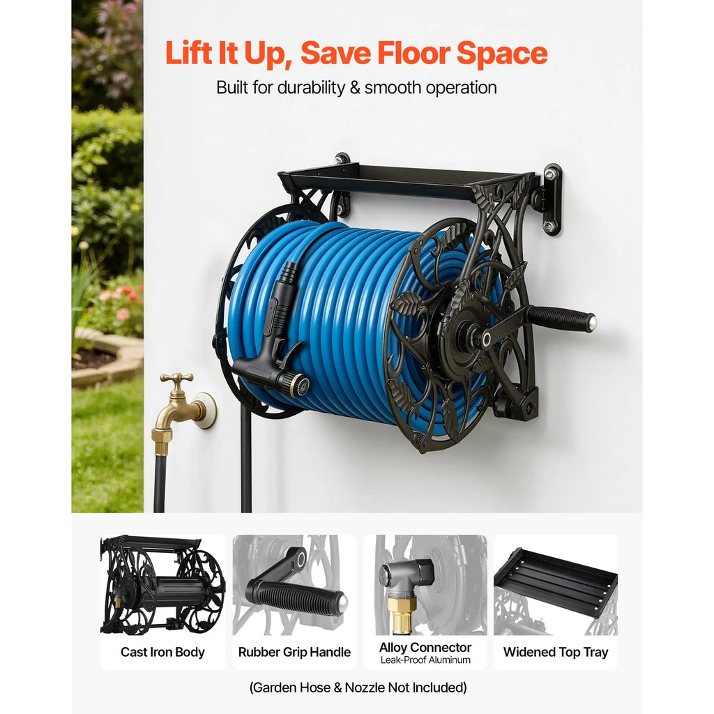 Wall Mounted Garden Hose Reel, Holds 135 Feet of 5/8-inch Hose, Outdoor Heavy-Duty Waterhose Holder Winder, with Widened Top Tray, Aluminum Alloy Connector, Decorative Pattern, for Backyards