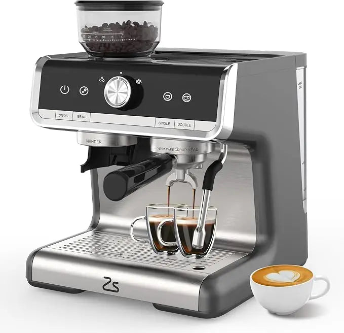 HiMiss Espresso Machine 20 Bar, Semi-Automatic Espresso Maker with Grinder, Stainless Steel, Latte & Cappuccino Espresso Coffee Machine with/Automatic Milk Frother & 95 oz Water Tank for Office
