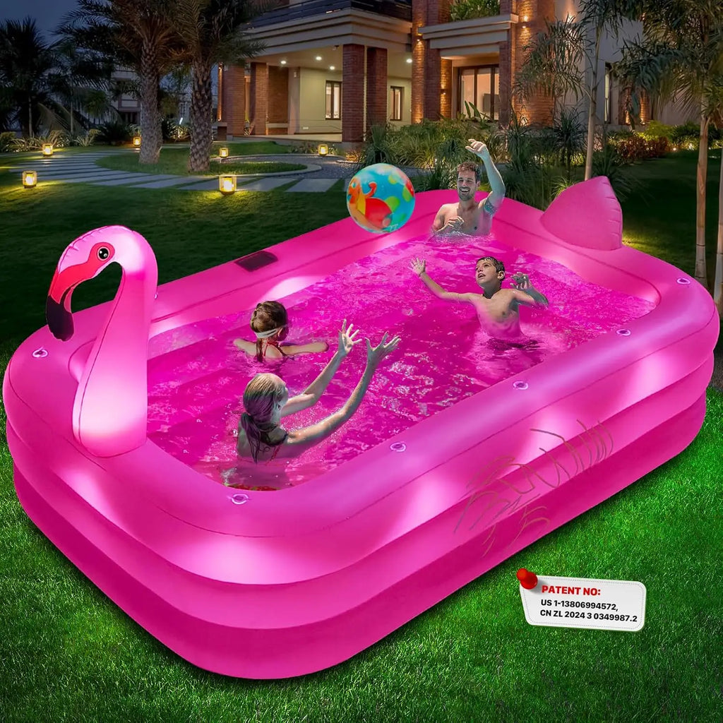 Solar Lighted Inflatable Flamingo Pool for Kids & Adults, Large 100"X63"X20" Backyard Outdoor Pink