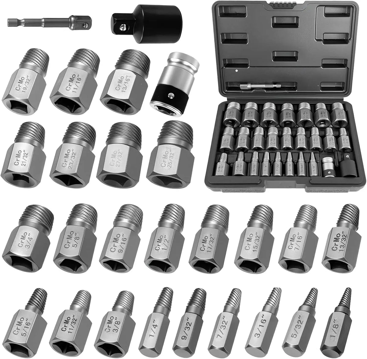 Feikenee 27PCS Screw Extractor Set, Upgrade Bolt Extractor Kit, Easy Out Screw Extractor Set, CR-MO Steel Heavy Duty Hex Head Multi-Spline for Damaged Bolts, Screws and Studs
