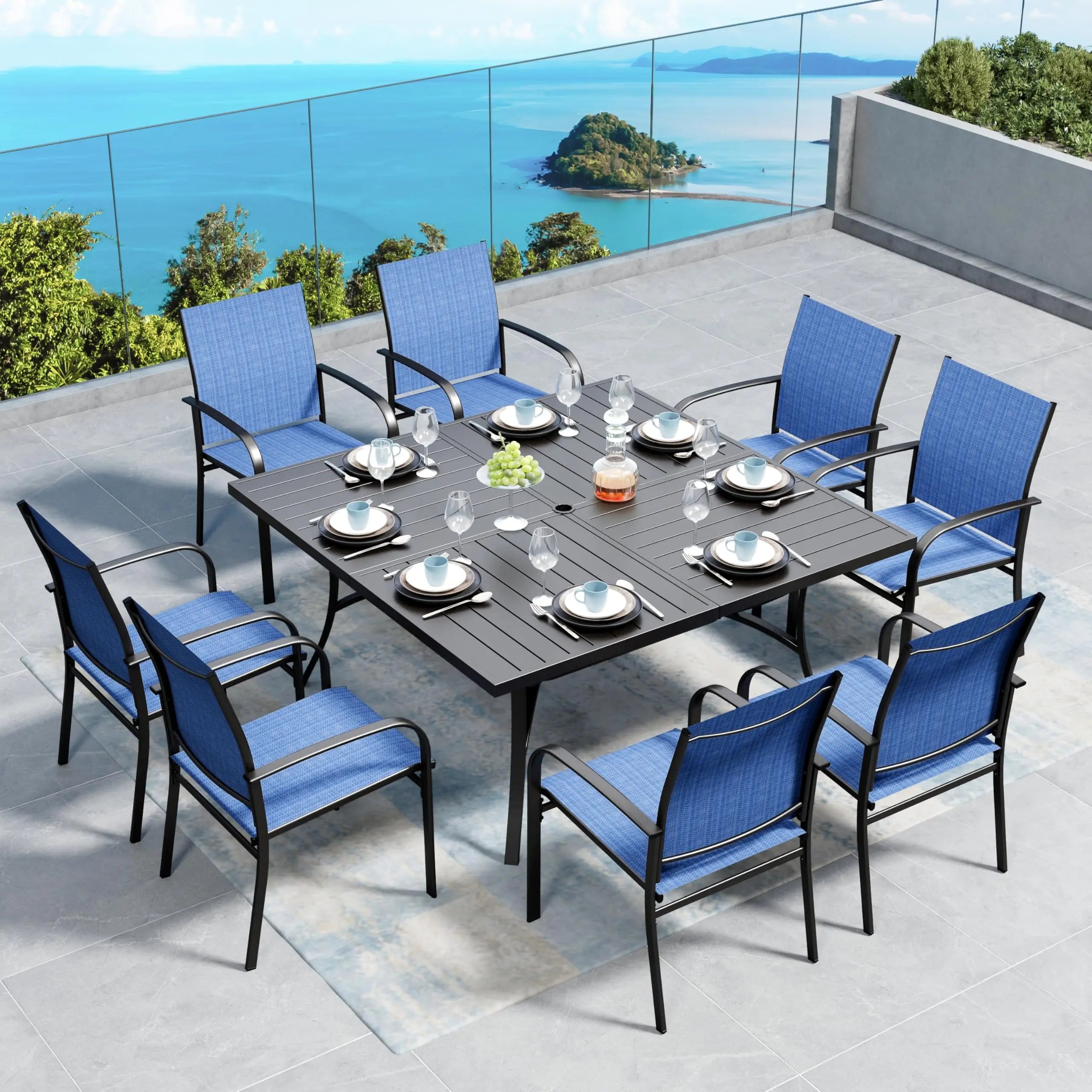 SUNSHINE VALLEY 5/9 Piece Patio Dining Set, Square Table with Umbrella Hole, 4 Metal Brown Chairs, Outdoor Table Chairs Set