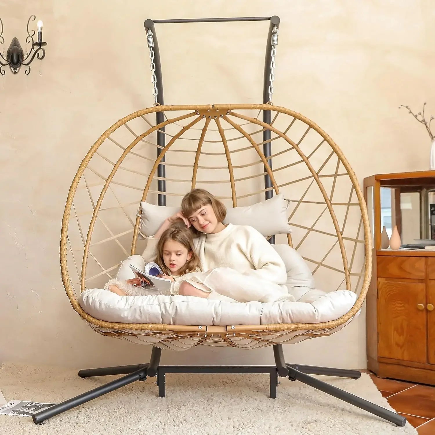 Double Egg Swing Chair with Stand, 2 Person Outdoor Indoor Hammock Hanging with Cushion for Patio Living Room 550 LBS