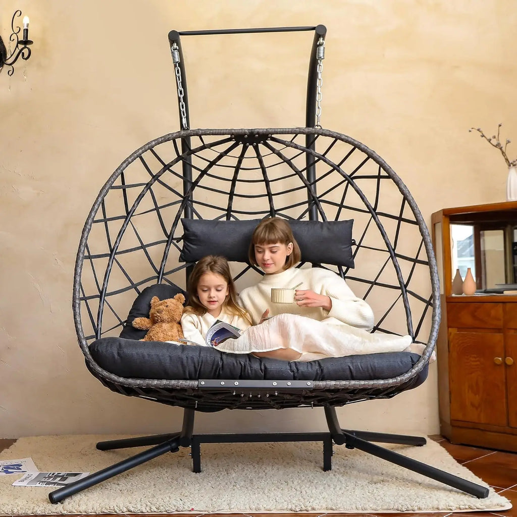 Double Egg Swing Chair with Stand, 2 Person Outdoor Indoor Hammock Hanging with Cushion for Patio Living Room 550 LBS