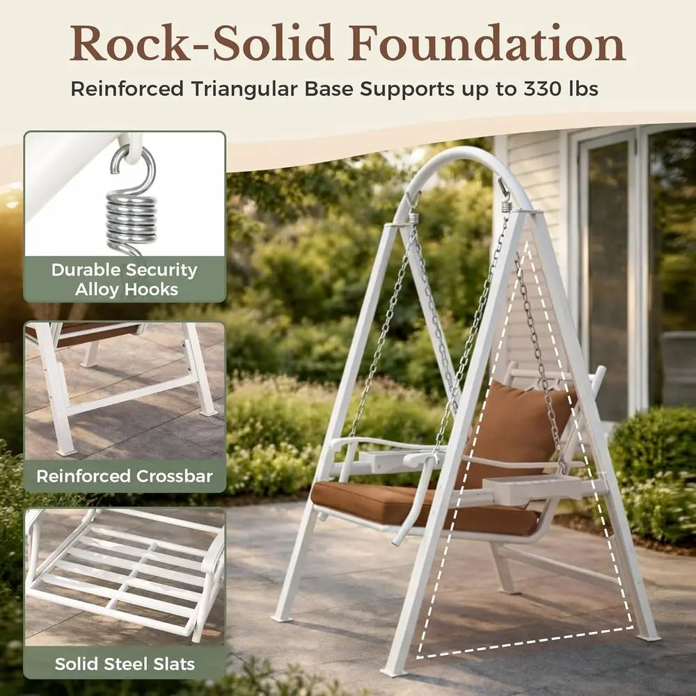 Porch Swing with Stand, 350lbs Heavy-Duty Metal e Outdoor Swing or Adults with Dual Side Trays, Adjustable Chains, Zippered Remo