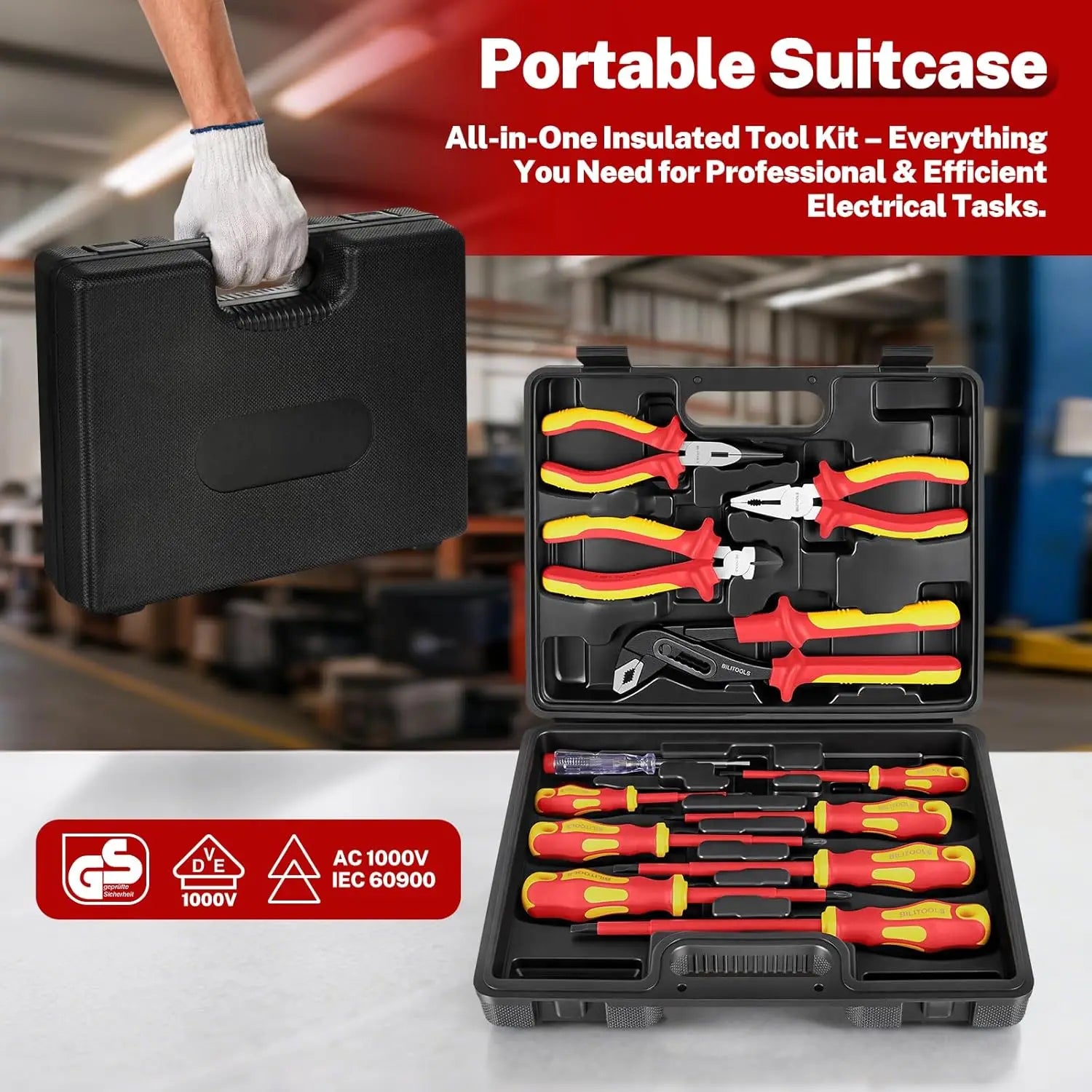 BILITOOLS--1000V Insulated Screwdriver & Pliers Set, Electrician Tools with Magnetic Phillips Slotted Pozidriv Tips