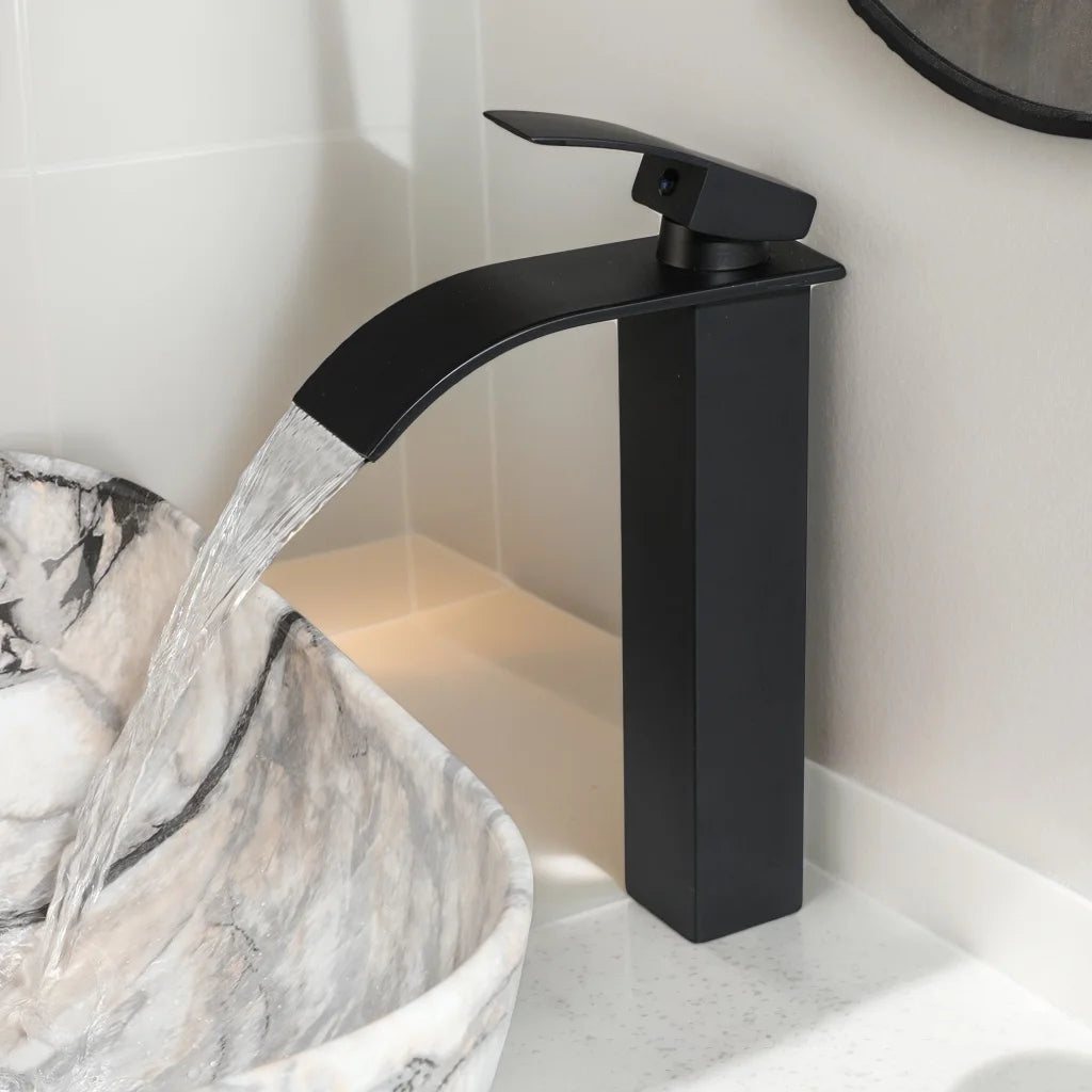 ZAPPO Artistic Marble Pattern Ceramic Sink Set, Black Matte Faucet Combo, Modern Bathroom Above-Counter Basin.