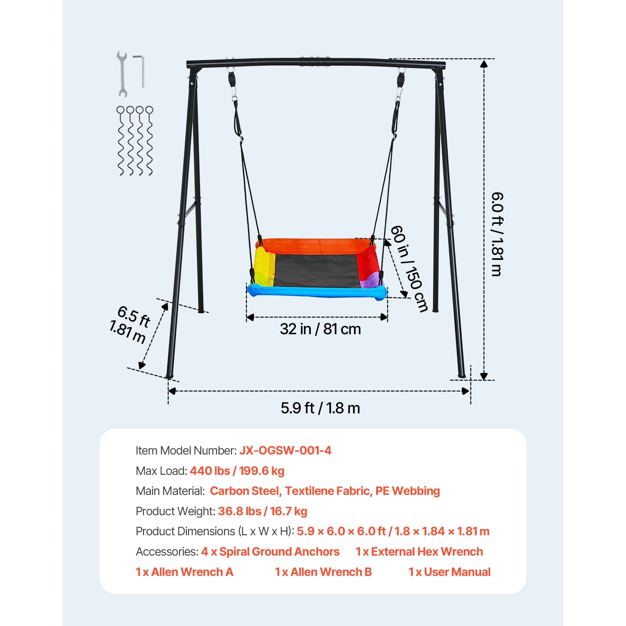 SucceBuy Swing Set for Backyard 32/40/60x32"Heavy Duty A-Frame Metal Stand 440lbs Reinforced with Spiral Ground Anchors for Kids