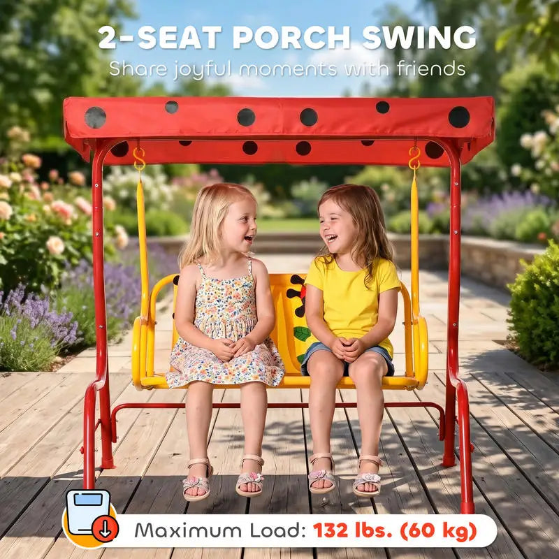 Outsunny Kids Patio Swing, Adjustable Canopy Swing Glider, Kids Outdoor Swing Chair with 2 Seats, Seat-Belted Safety, Red