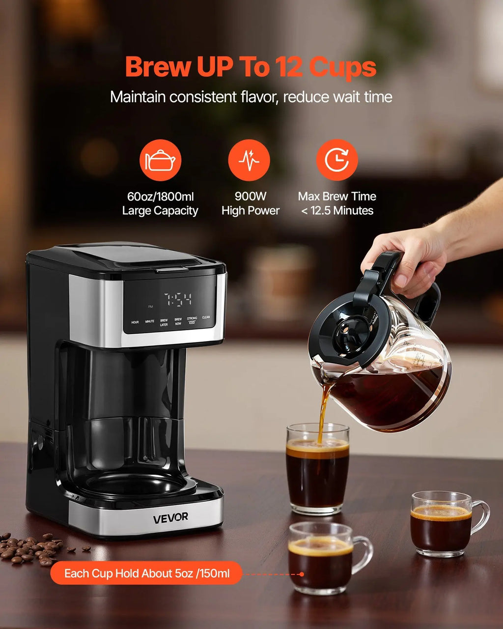 Vevor Programmable Coffee Maker, 12 Cup Programmable Drip Coffee Makers with Touch Screen, 4-Hour Keep Warm Coffee Maker