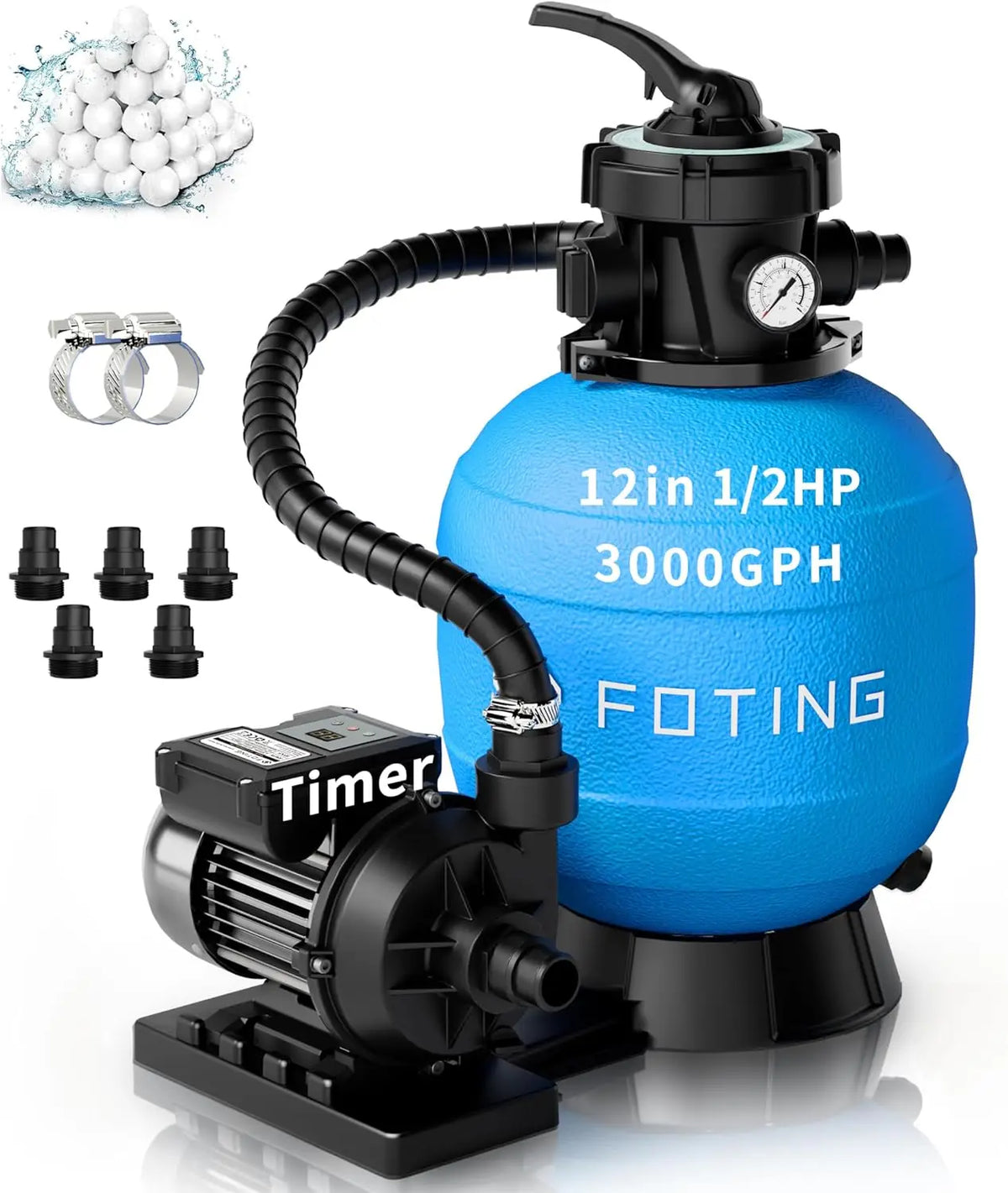 Foting Sand Filter Pump with Timer for Above Ground Pool, Pool Pump Above Ground with 7-Way Multi-Port Valve, Pool Sand Filter for High-Efficient Filtration & Circulation