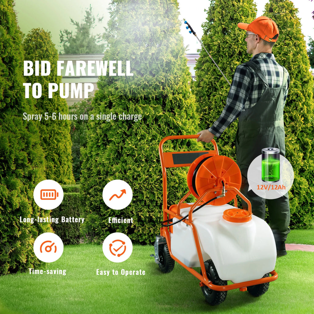 SucceBuy Battery Powered 15 Gal Garden Weed Sprayer with Wheeled Cart, 126FT Hose with Reel 8 Nozzles 2 Wands with Lock for Crop