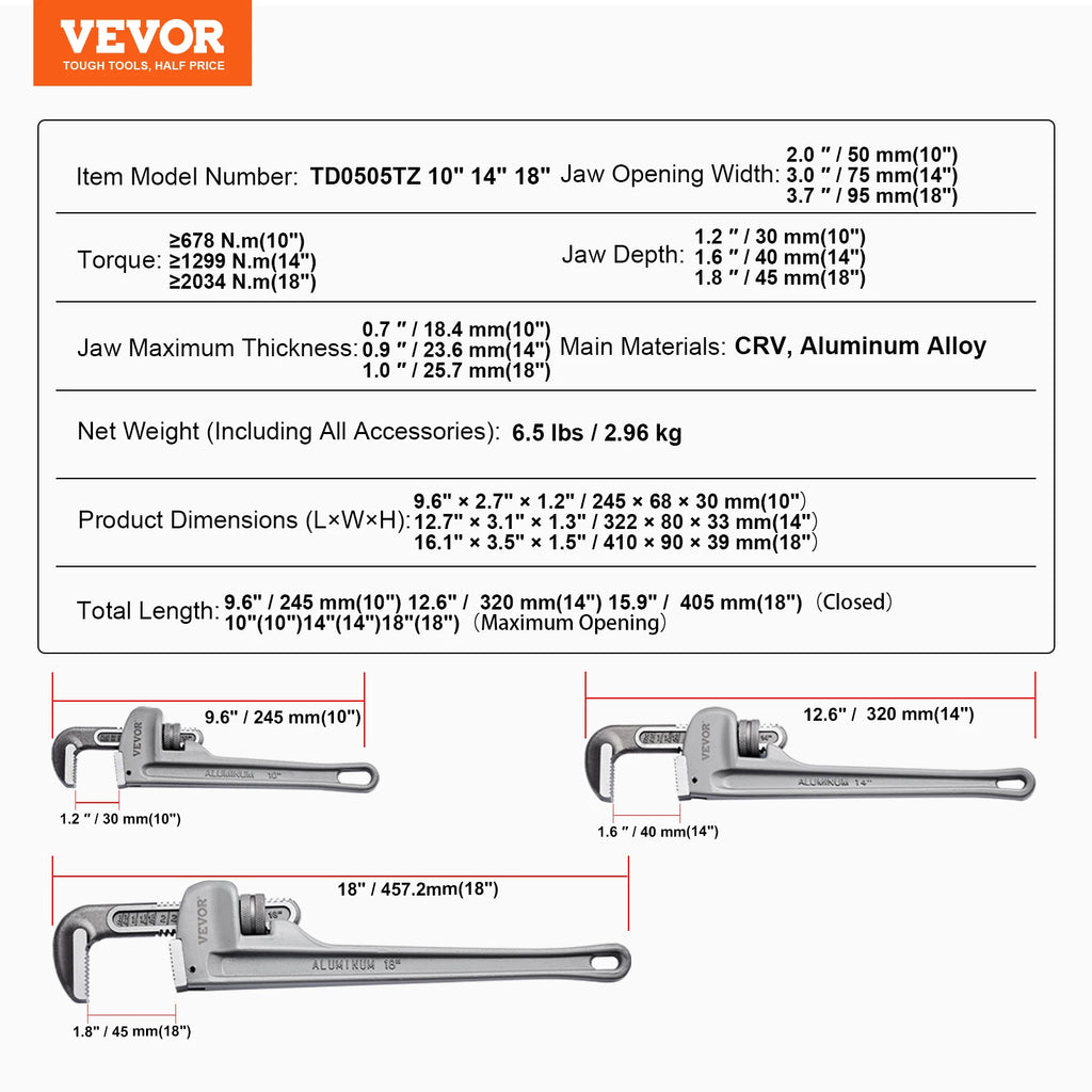 Vevor Pipe Wrench Aluminum Straight Pipe Wrench Adjustable Plumbing Wrench High Strength Jaw & Ergonomic Handle Automotive
