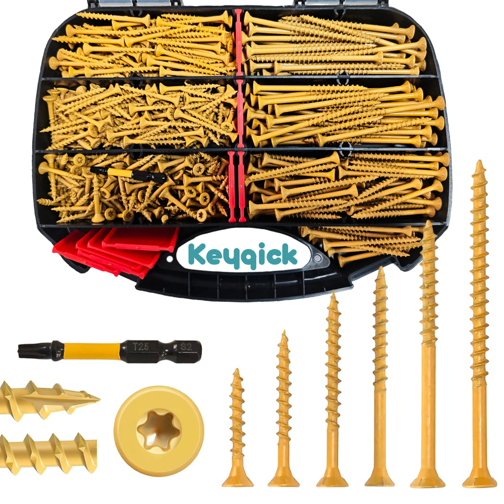 Keyqick 520PCS Rust Proof, Epoxy Coating, #8, #9, #10 Yellow Torx Wood Screws, Yellow Plum Blossom Wood Screws, Rustproof Heavy-Duty Screws with T25 Bit & Toolbox for Outdoor Deck Furniture, Torx/star Drive Head