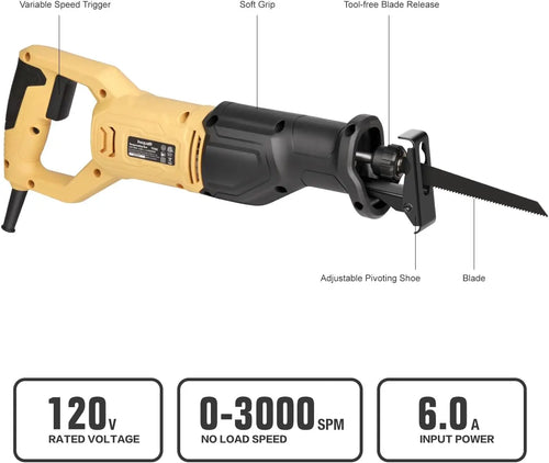 3000SPM Variable Speed Corded Reciprocating Saw, 4/5" Stroke Length for Wood, Metal & PVC Cutting