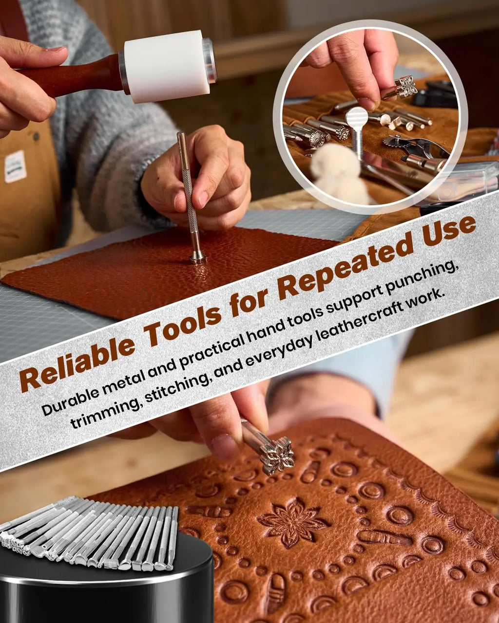 Sakerneo Leather Working Tools kit Max Version with Custom Handbag Cutting Mats Engraving Punching Sewing Stamping Sanding Tools for Handicraft Work, Repair