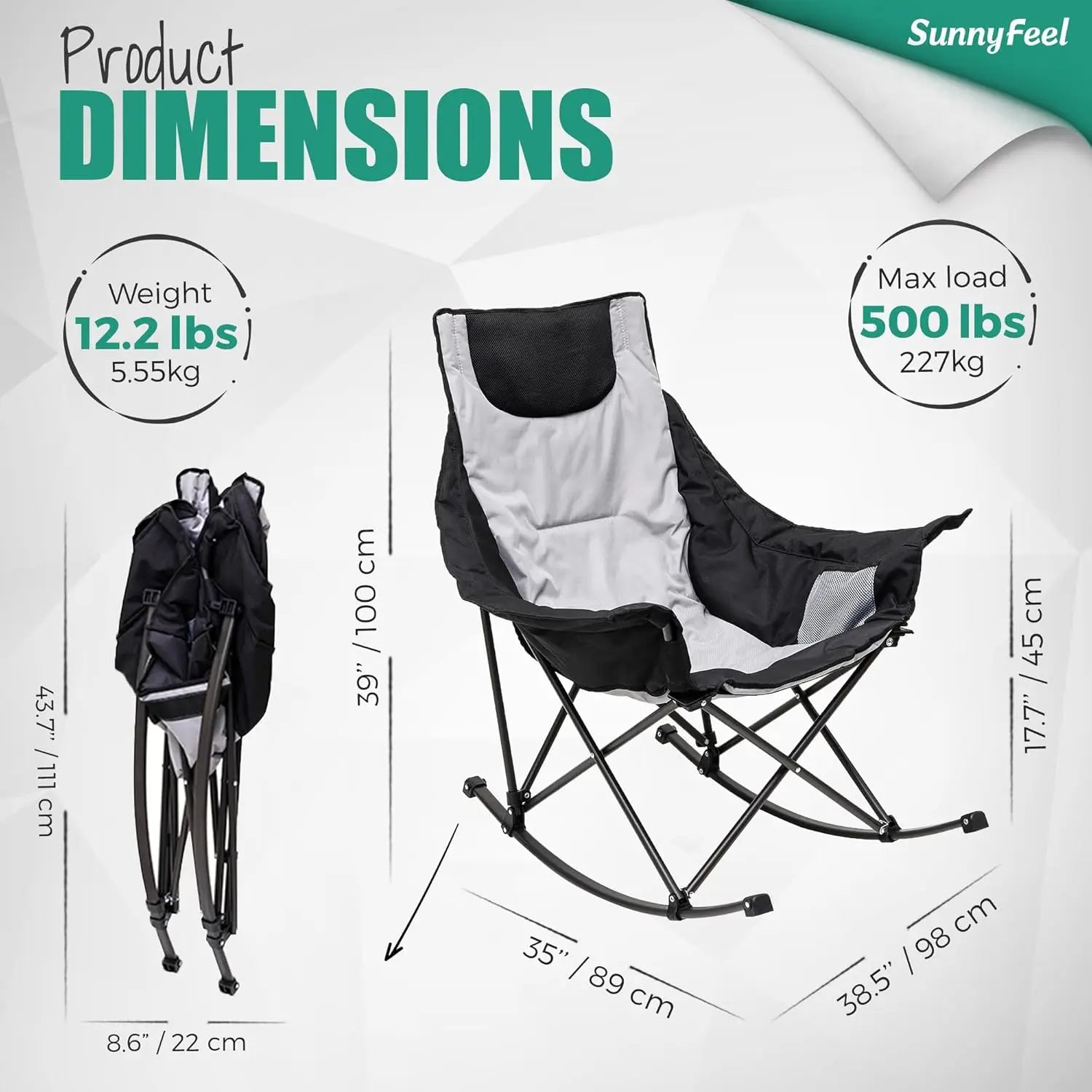 Oversized Rocking Camping Chair, Fully Padded High Back Patio Recliner with Headrest, Heavy Duty 500 LBS Capacity, Portable Lawn