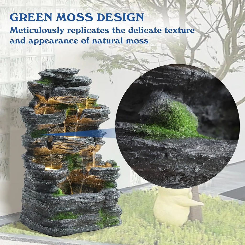 7-Tier Cascading Rock Water Fountain Outdoor Garden Waterfall with Lights,Fountain Indoor Decor for Garden, Patio, Backyard