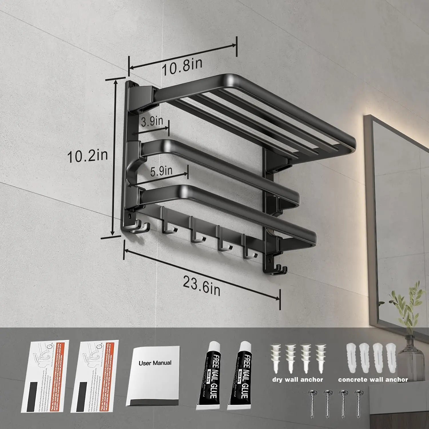 Voldra 24-Inch Towel Rack, Bathroom Towel Shelf with 2 Towel Bar Towel Holder with 7 Hooks Towel Storage Organizer for Bathroom & Lavatory Wall Mounted
