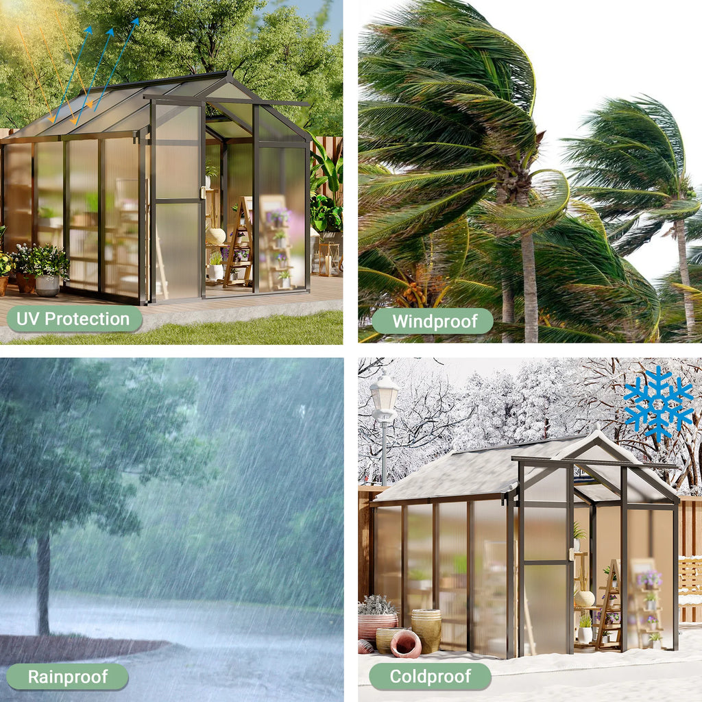 6x8 FT Greenhouse, Aluminum Walk-in Greenhouses for Outdoors, Large Heavy Duty Polycarbonate Greenhouse with Roof Vent