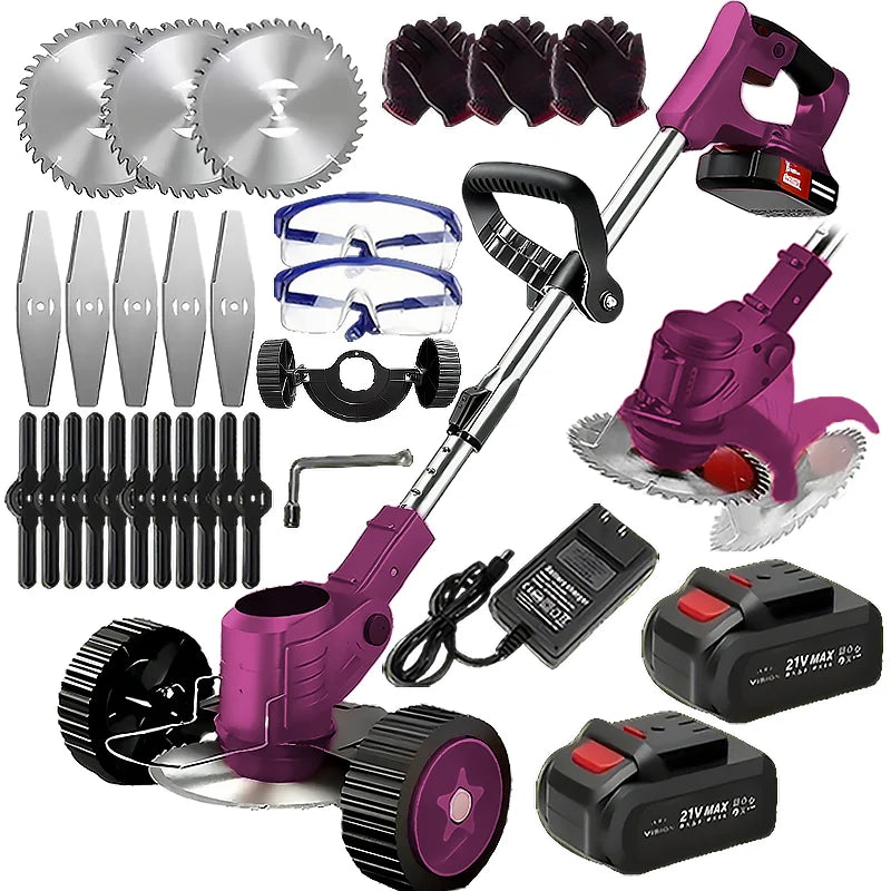 Wireless portable weed trimmer for lawn trimming. The trimmer is equipped with 2 lithium batteries and comes with replaceable blades