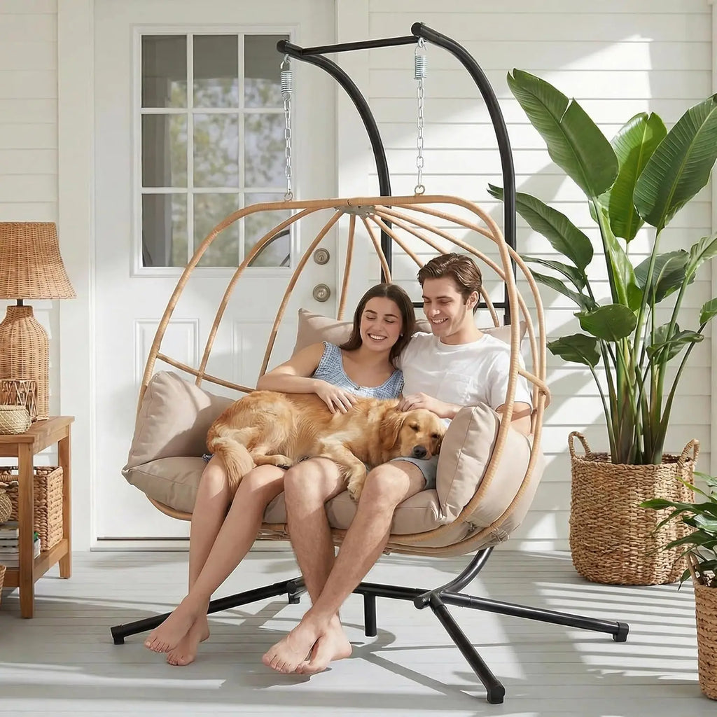 Double Egg Hanging Swing Chair with Stand Cushions Headrest 80"H Metal Basket for Indoor Outdoor Patio Deck Brown, Customized